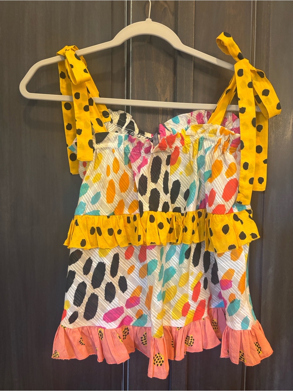 Colorful Polka Tie-Shoulder Ruffle Tank Top - Yellow Accent